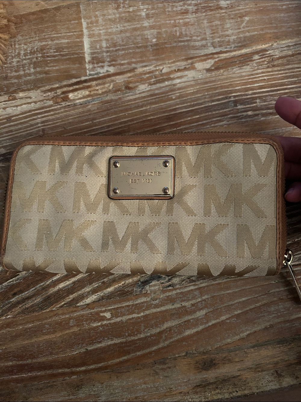 Michael Kors Tan Beige MK Logo Zip Around Wallet
